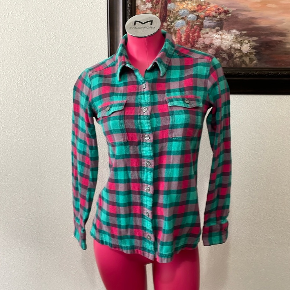 Patagonia Soft Organic Cotton Plaid Flannel Shirt Women's Size 2 Green Pink